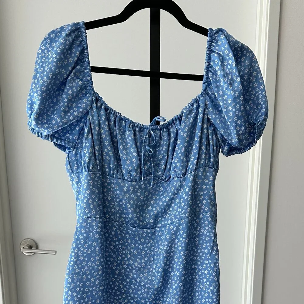 NA-KD Light Blue Floral Puff Sleeve Ruched Midi Dress Side Slit 6 S